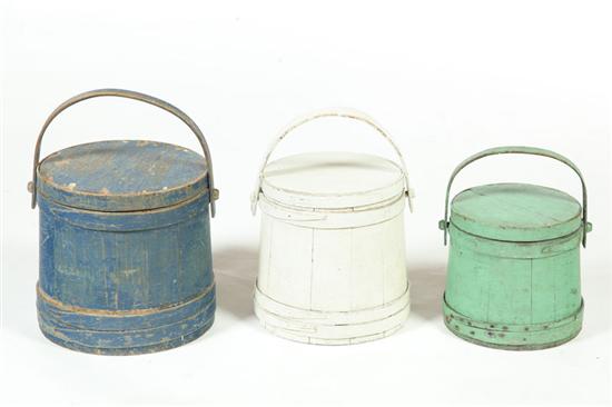 THREE PAINTED SUGAR BUCKETS. 