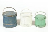 THREE PAINTED SUGAR BUCKETS.
