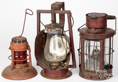 THREE PAINTED TIN LANTERNSThree