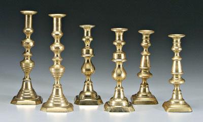 Three pairs brass candlesticks: