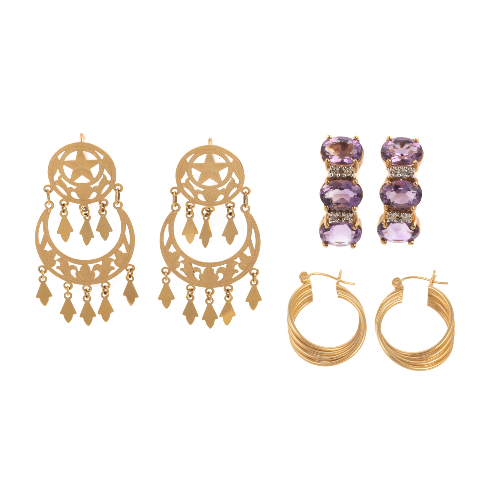 THREE PAIRS OF 14K YELLOW GOLD