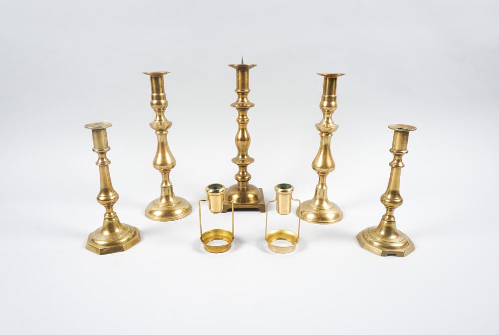 THREE PAIRS OF BRASS CANDLESTICKS