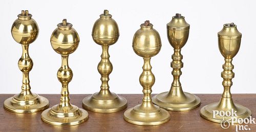 THREE PAIRS OF BRASS FLUID LAMPS,