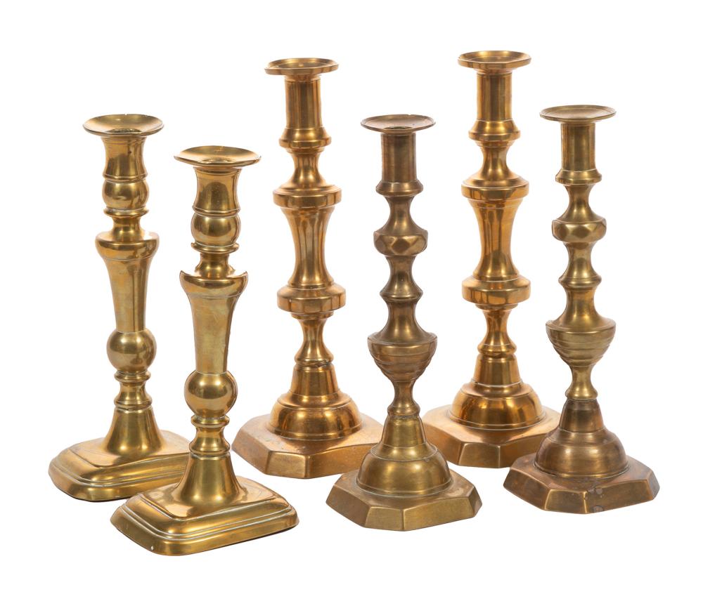 THREE PAIRS OF ENGLISH BRASS