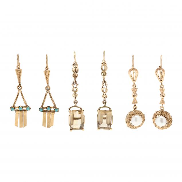 THREE PAIRS OF GEM-SET DANGLE
