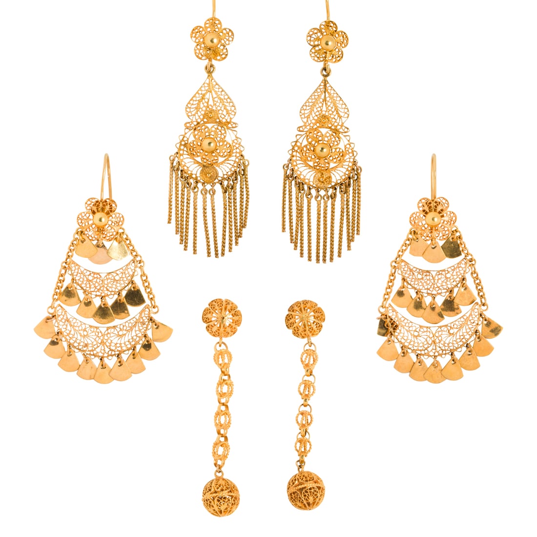 THREE PAIRS OF GOLD EARRINGSThree
