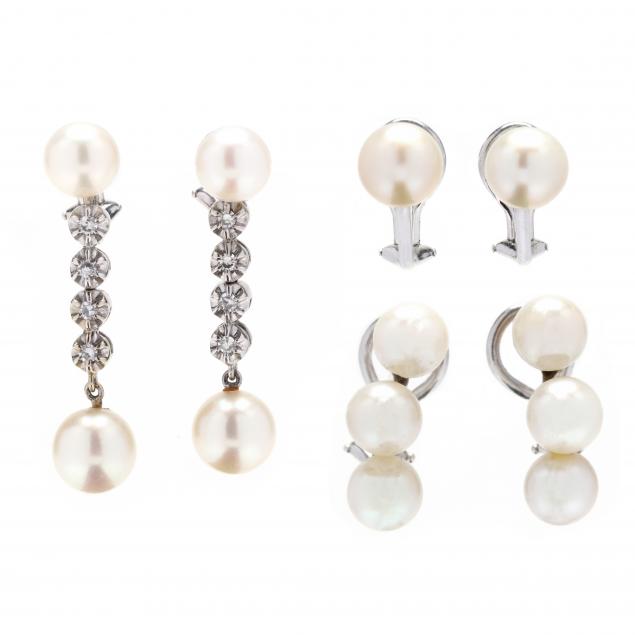 THREE PAIRS OF WHITE GOLD AND PEARL