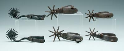 Three pairs steel spurs: one with
