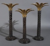 THREE PATINATED METAL PALM TRE