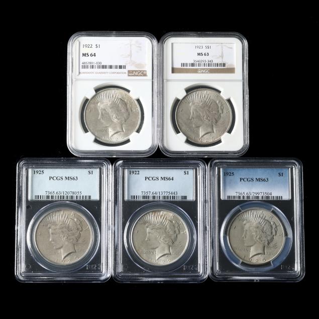 THREE PCGS PEACE DOLLARS AND TWO