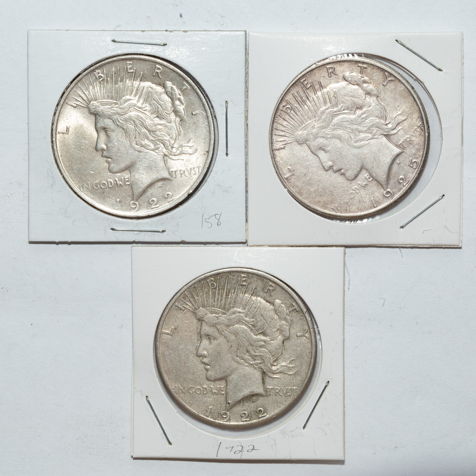THREE PEACE DOLLARS 1922 VF, 1922