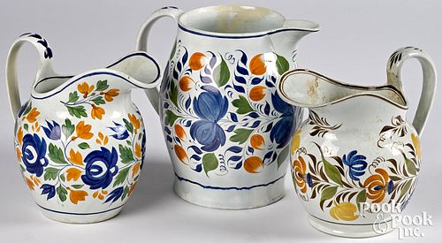 THREE PEARLWARE PITCHERS, 19TH