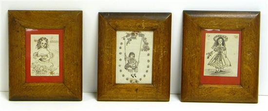 Three pen and ink drawings of