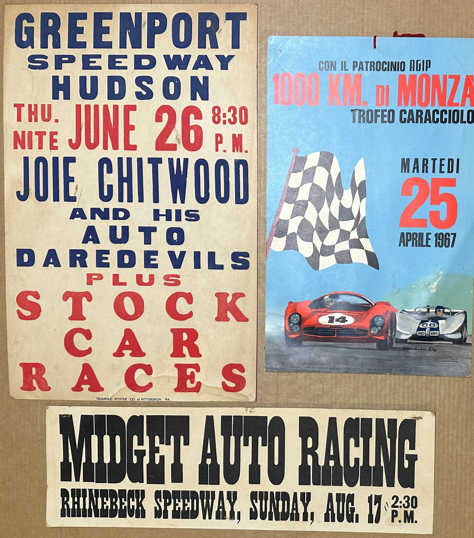 THREE PERIOD RACING POSTERS ON CARD