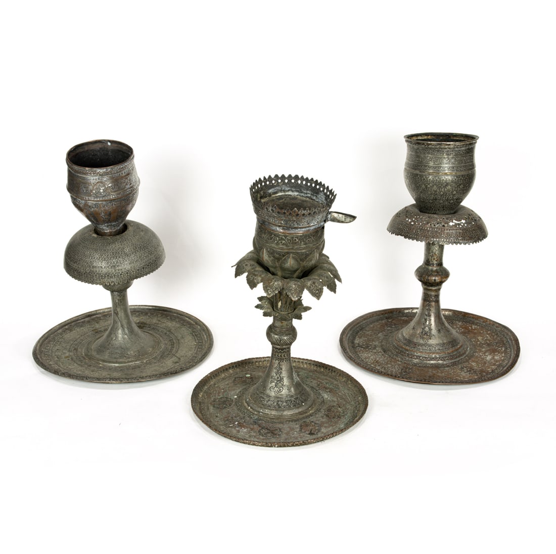 THREE PERSIAN ENGRAVED TINNED