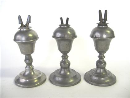 Three pewter champhene burner lamps