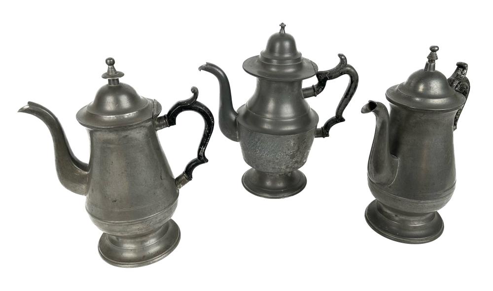 THREE PEWTER COFFEEPOTS CIRCA
