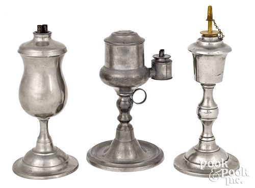 THREE PEWTER FLUID LAMPS, 19TH