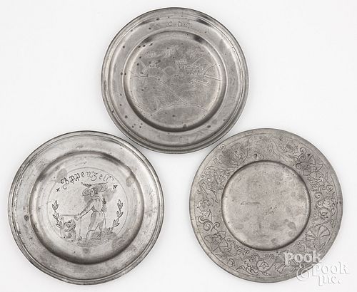 THREE PEWTER PLATES, 19TH C.Three