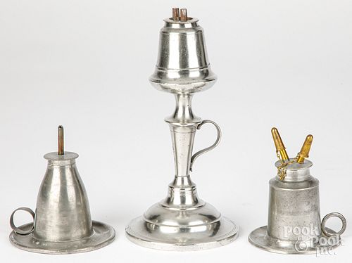 THREE PEWTER WHALE OIL LAMPS,