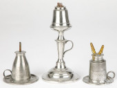 THREE PEWTER WHALE OIL LAMPS,