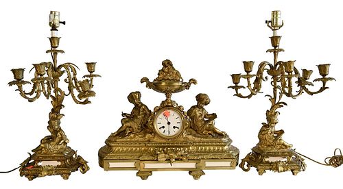 THREE PIECE BRASS MANTLE SET, TO