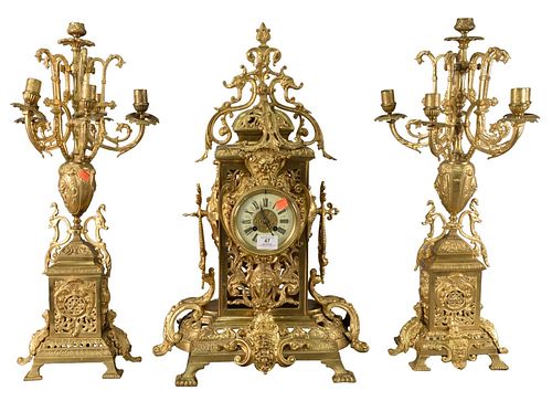 THREE PIECE BRASS MANTLE SET, TO