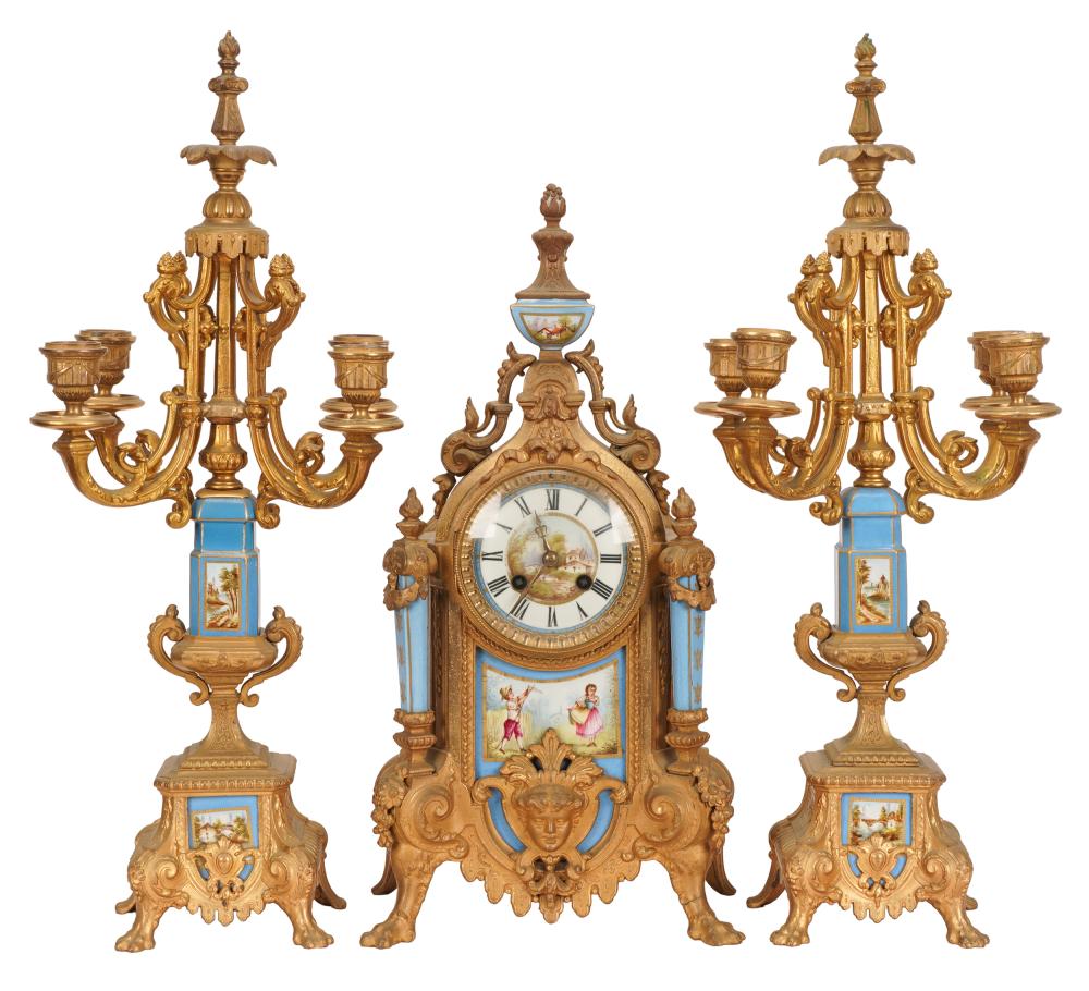 THREE-PIECE CLOCK GARNITUREenameled