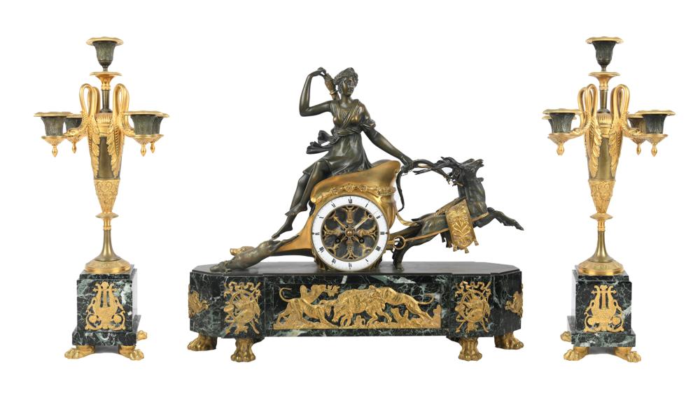 THREE-PIECE FIGURAL CLOCK GARNITURE