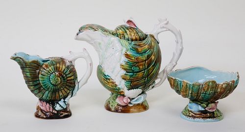 THREE PIECE MAJOLICA TEA SET,