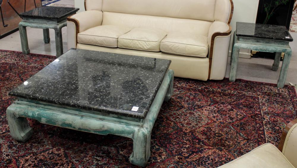 THREE-PIECE MARBLE AND BRONZE TABLE