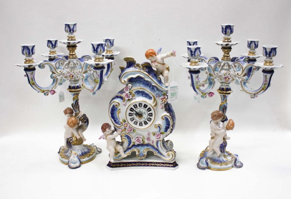 THREE PIECE PORCELAIN CLOCK SET,