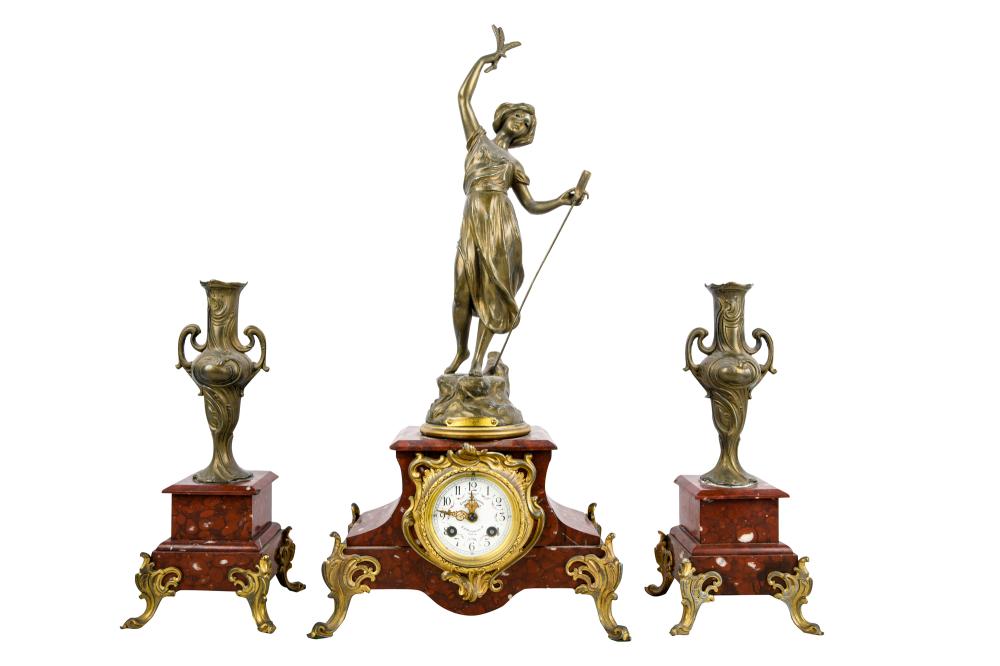 THREE PIECE ROUGE MARBLE CLOCK