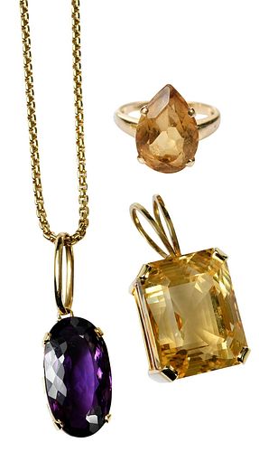 THREE PIECES GOLD AND GEMSTONE