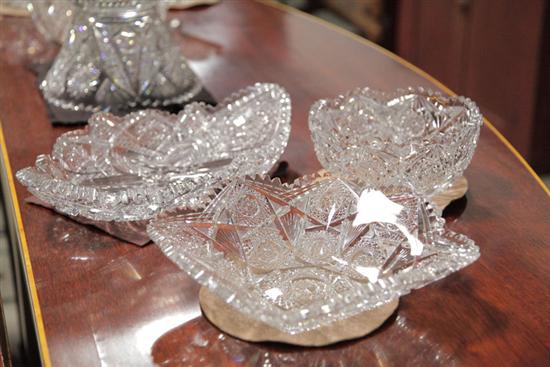 THREE PIECES OF CUT GLASS. A center