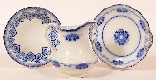 THREE PIECES OF FLOW BLUE