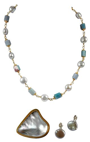THREE PIECES PEARL AND GEMSTONE