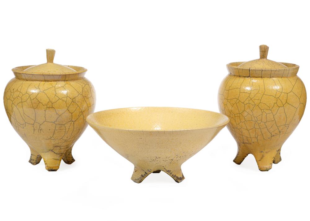 THREE PIECES YELLOW RAKU ART