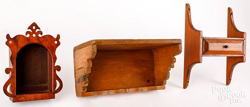 THREE PINE AND WALNUT WALL SHELVES,