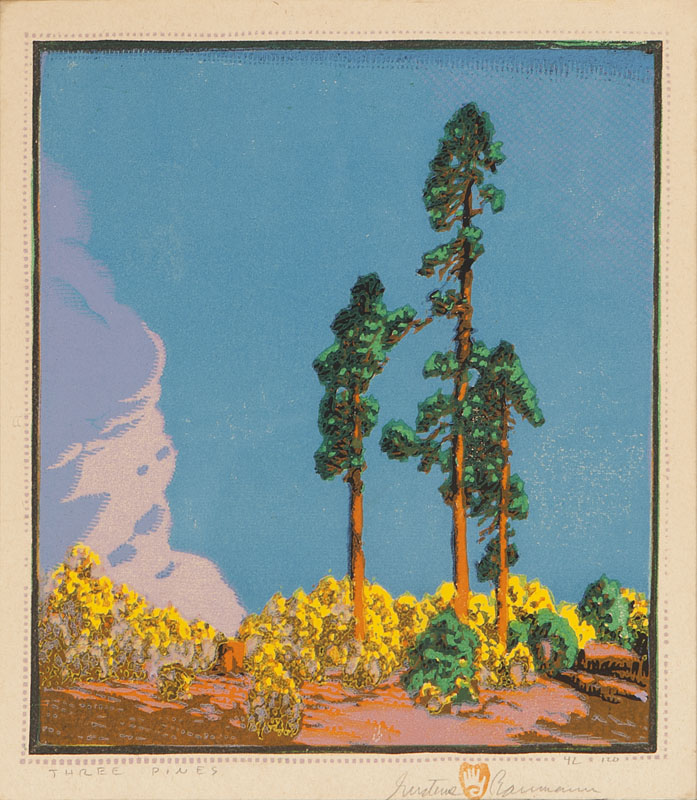 ''Three Pines'' color woodcut on