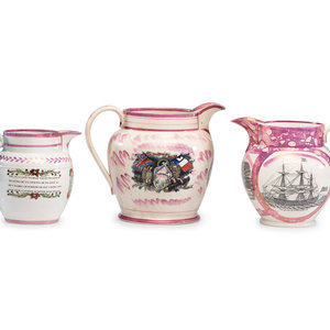 Three Pink Lusterware Pitchers