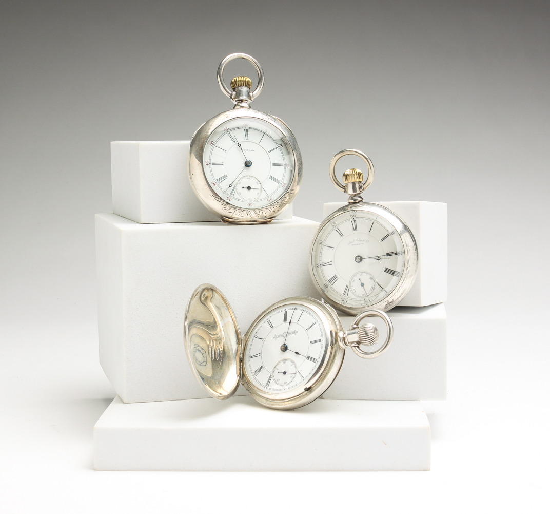 THREE POCKET WATCHES WITH COIN