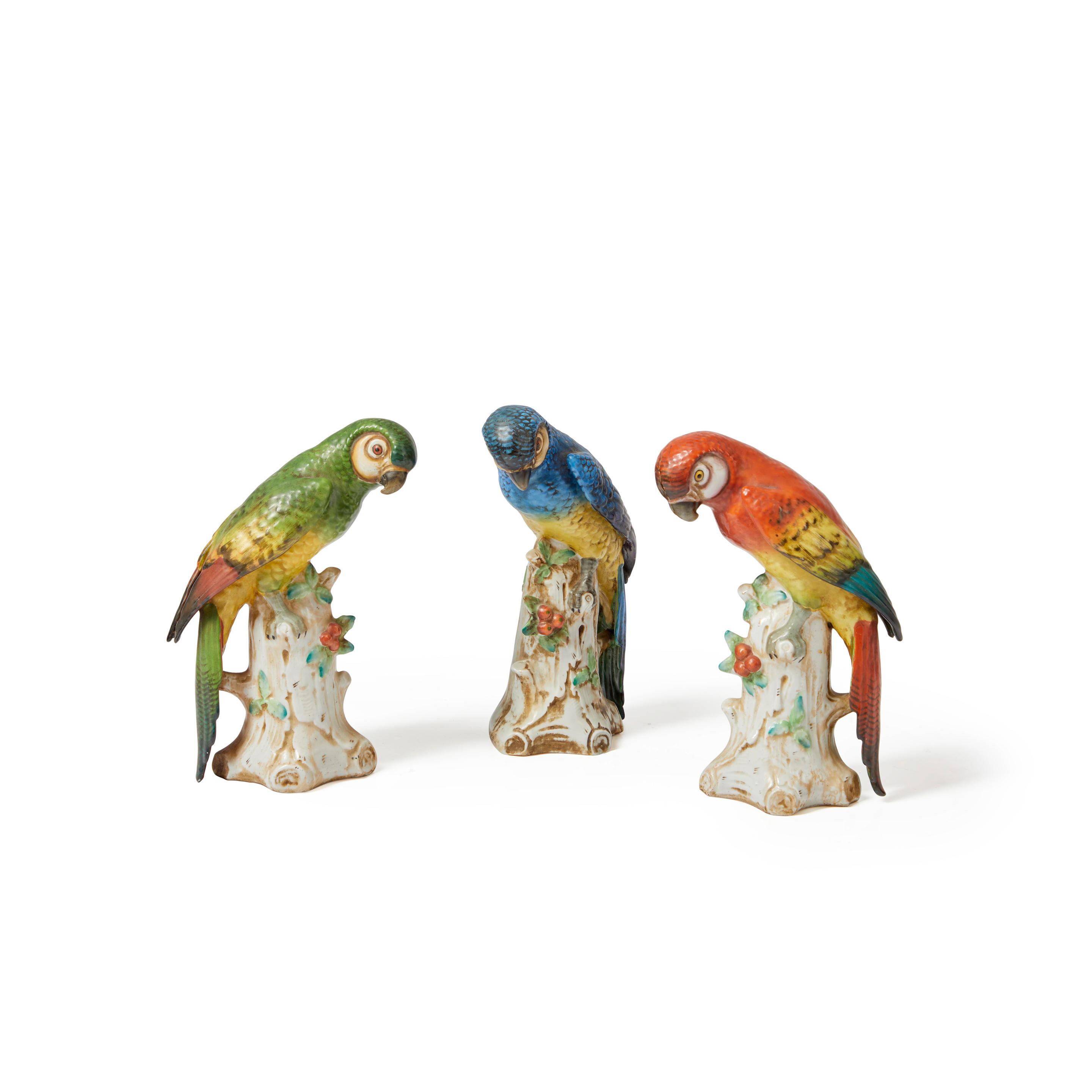 THREE PORCELAIN PARROTS ht. to 7