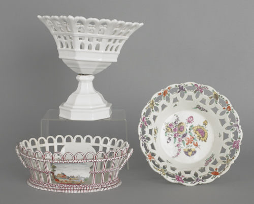 Three porcelain reticulated baskets