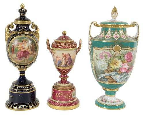 THREE PORCELAIN URNS TO INCLUDE TWO