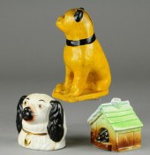 THREE POTTERY DOG STILL BANKS
