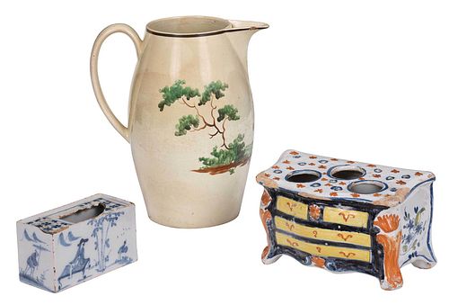 THREE POTTERY PIECES, DELFT AND