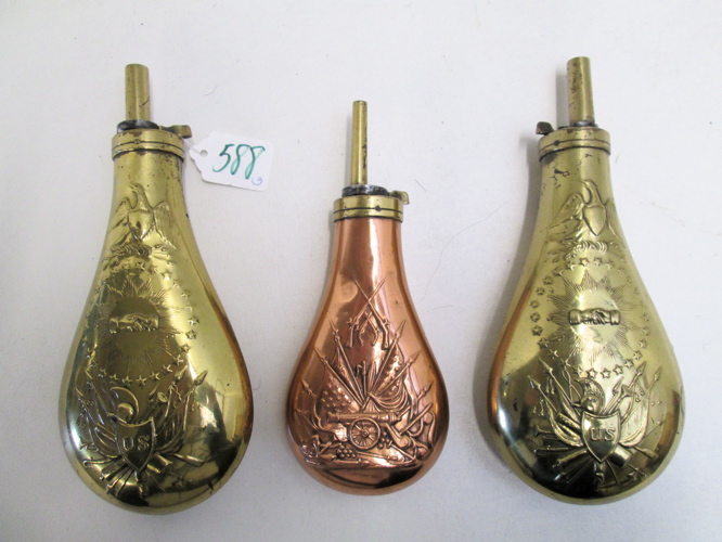 THREE POWDER FLASKS two are
