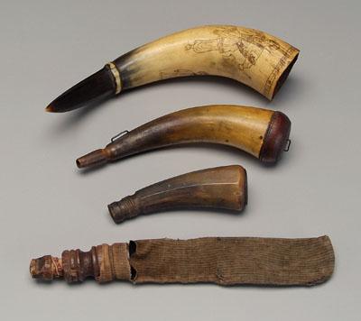 Three powder horns, shot bag: one