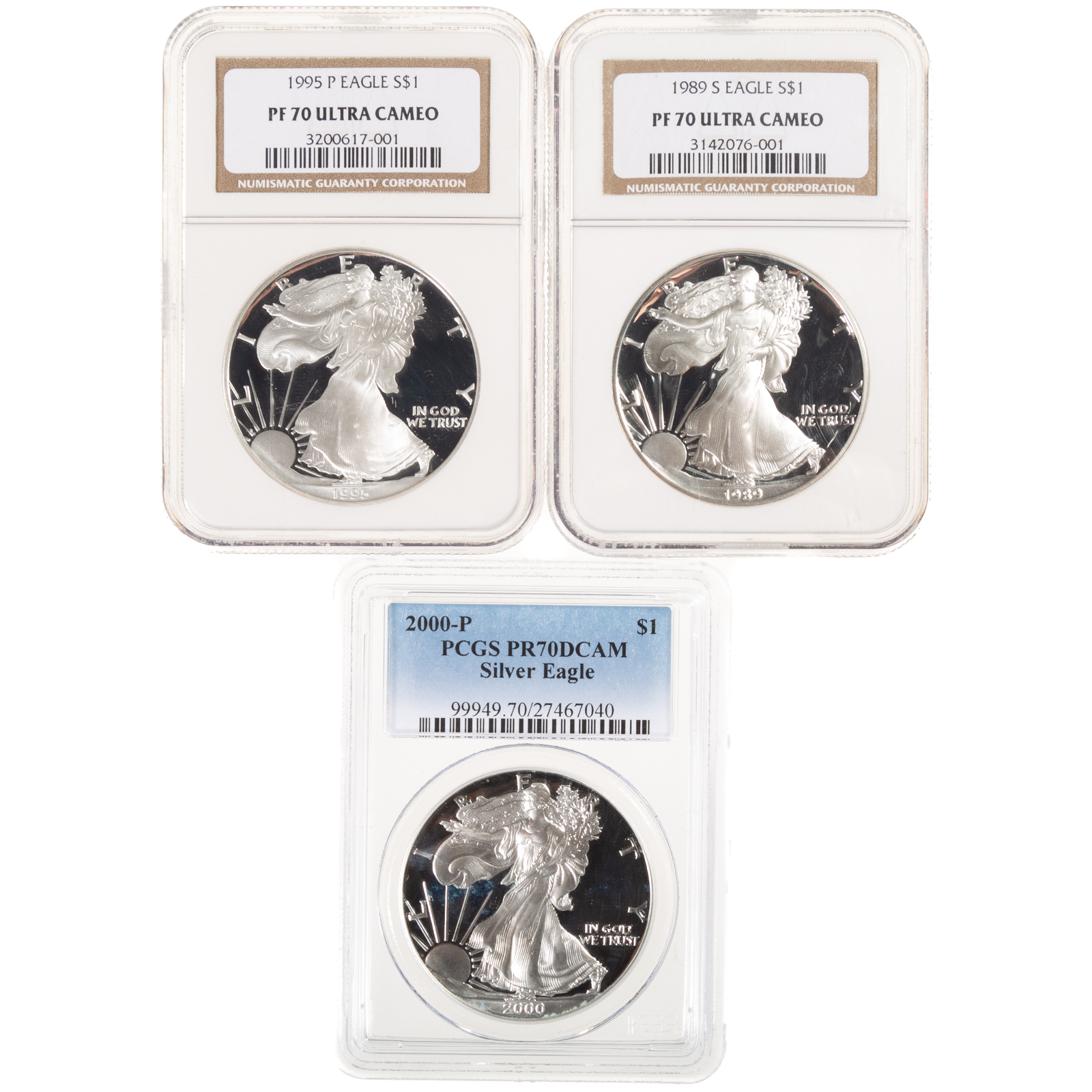 THREE PROOF 70 SILVER EAGLES, 1989,